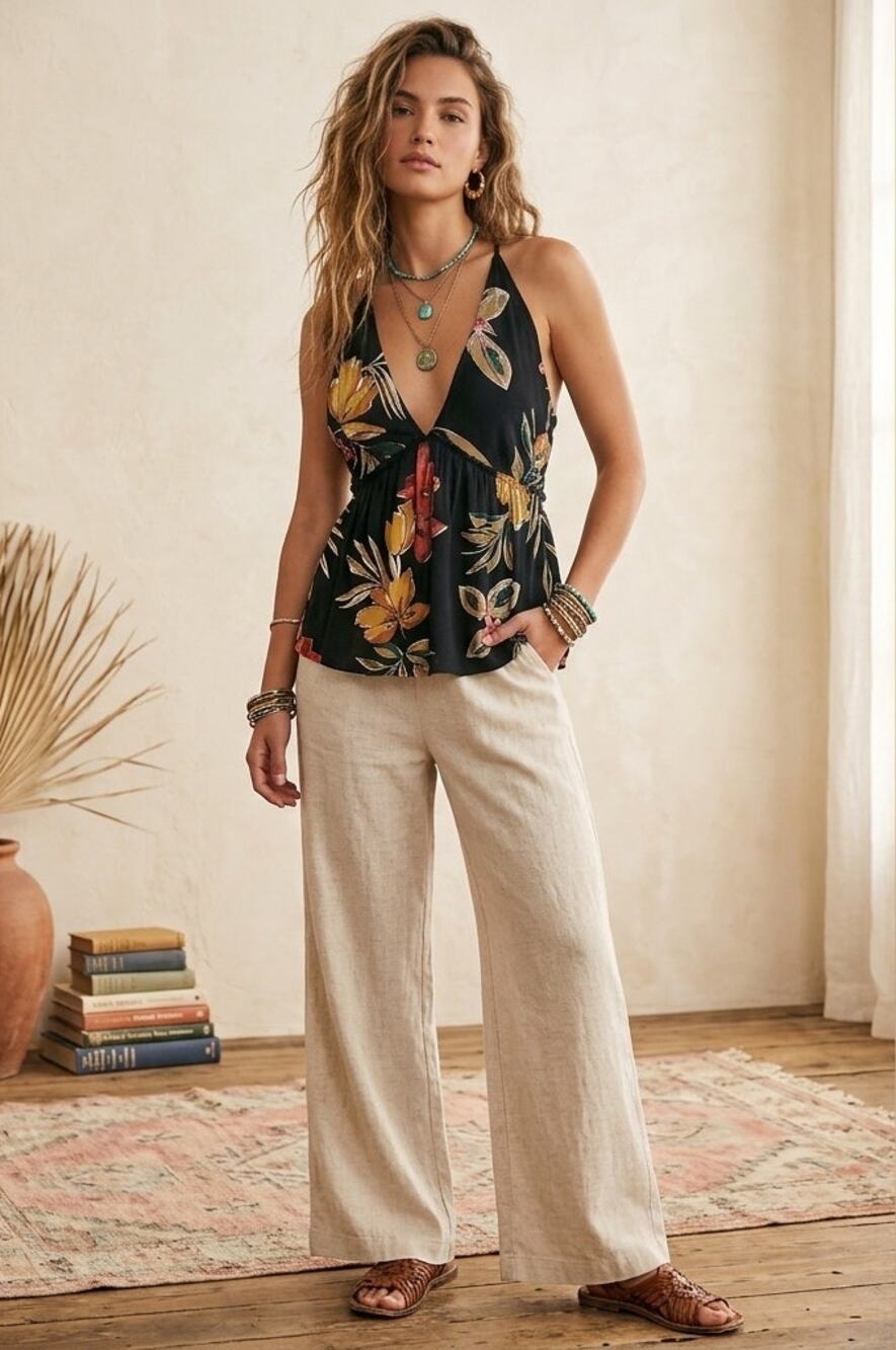 NWT Bila 77 Black Tropical Floral Halter Top M Boho Backless Festival Summer